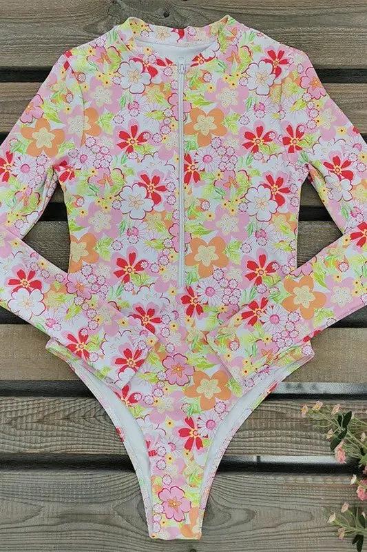 Floral Print One Piece Long Sleeve UPF50 Swimsuit for Women - Love Salve